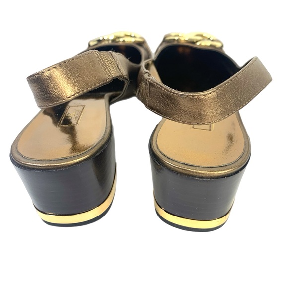 Anne Klein Bronze Metallic Slingback Pumps Low Heel Gold Buckle - Picture 4 of 8